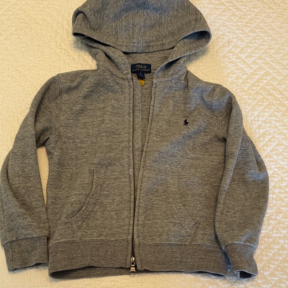 Ralph Lauren Kids Gray Hooded Zip Sweatshirt, size 5